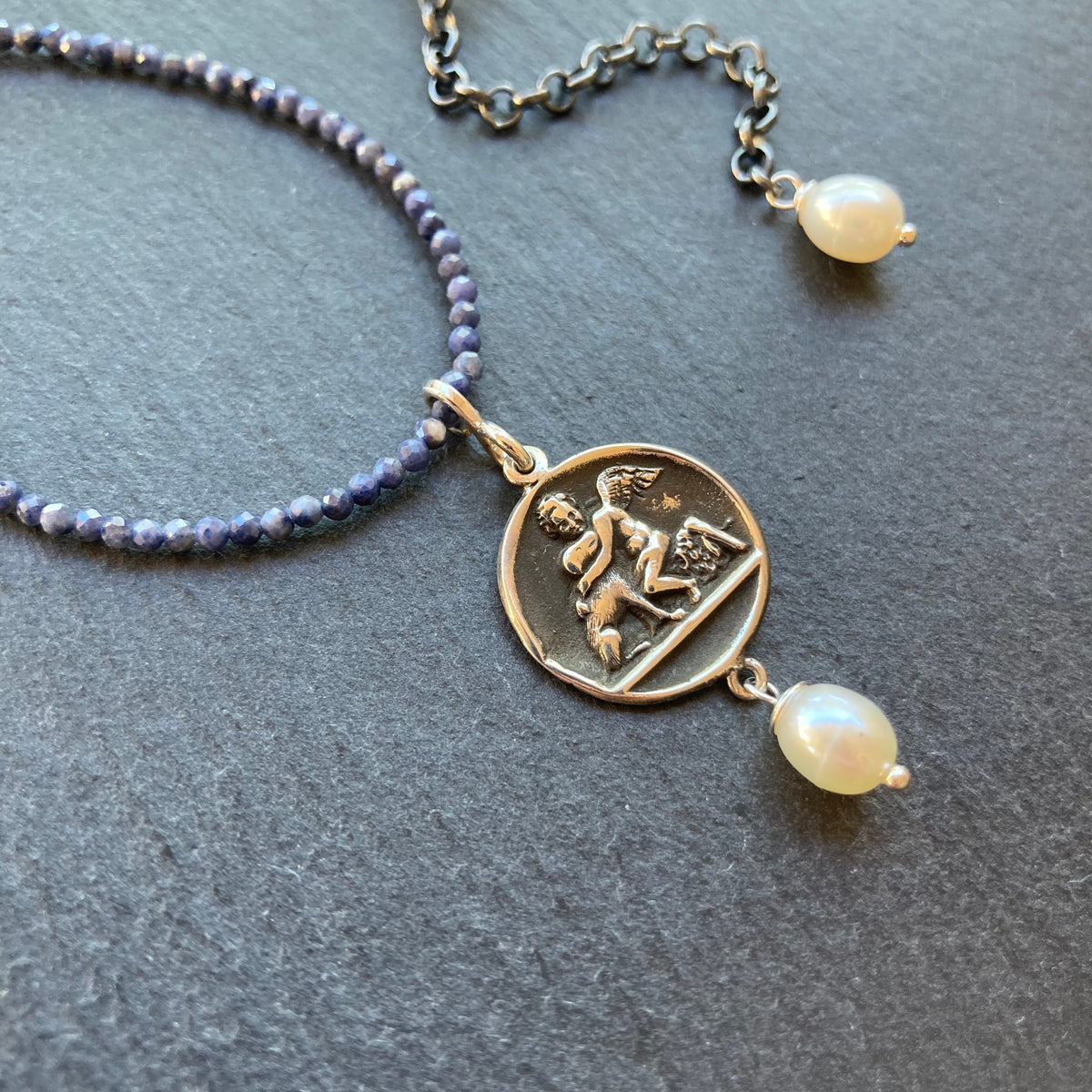 Sapphire, Freshwater Pearl & Sterling Silver Vintage Pendant Necklace