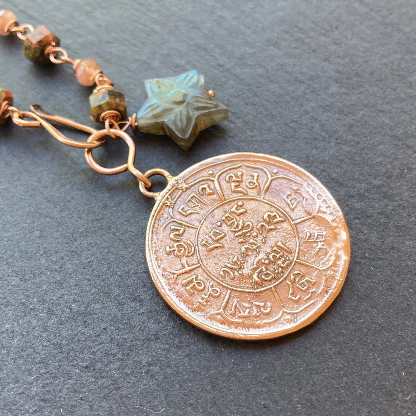 Unakite, Sunstone, Rose Gold & Red Bronze Tibetan Snow Lion Coin Necklace