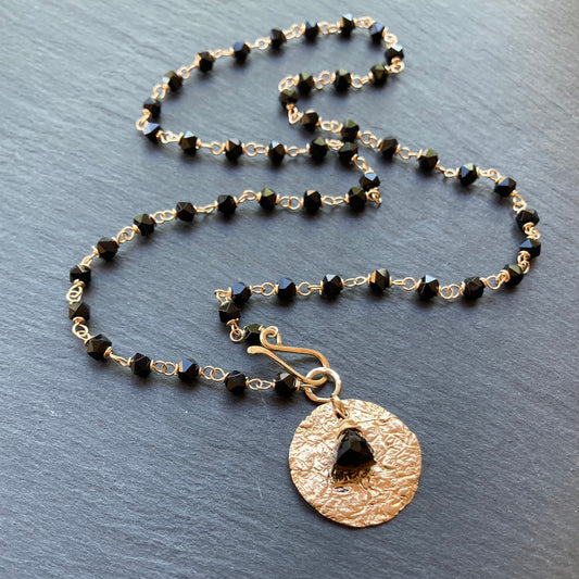 Black Onyx, Gold & Bronze Textured Coin Pendant Necklace