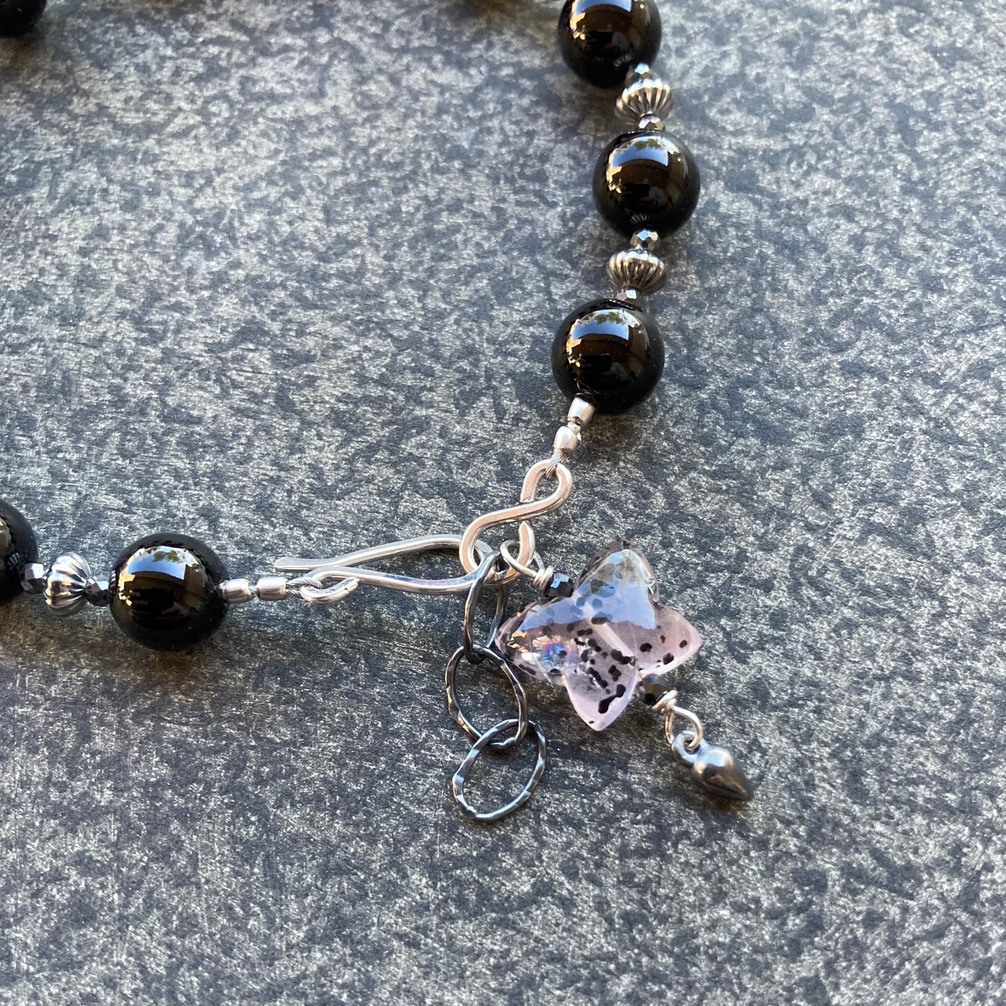 Black Onyx & Rutilated Rose Quartz Butterfly Charm Bracelet