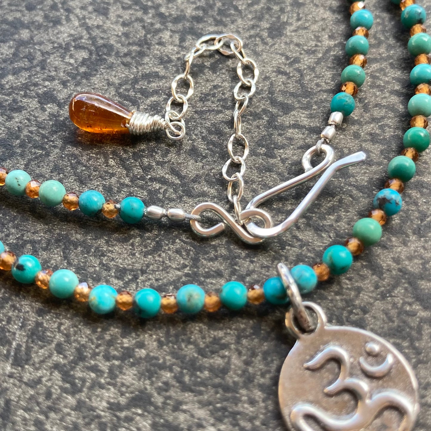 Hubei Turquoise, Hessonite Garnet & Sterling Silver Om Coin Pendant Necklace