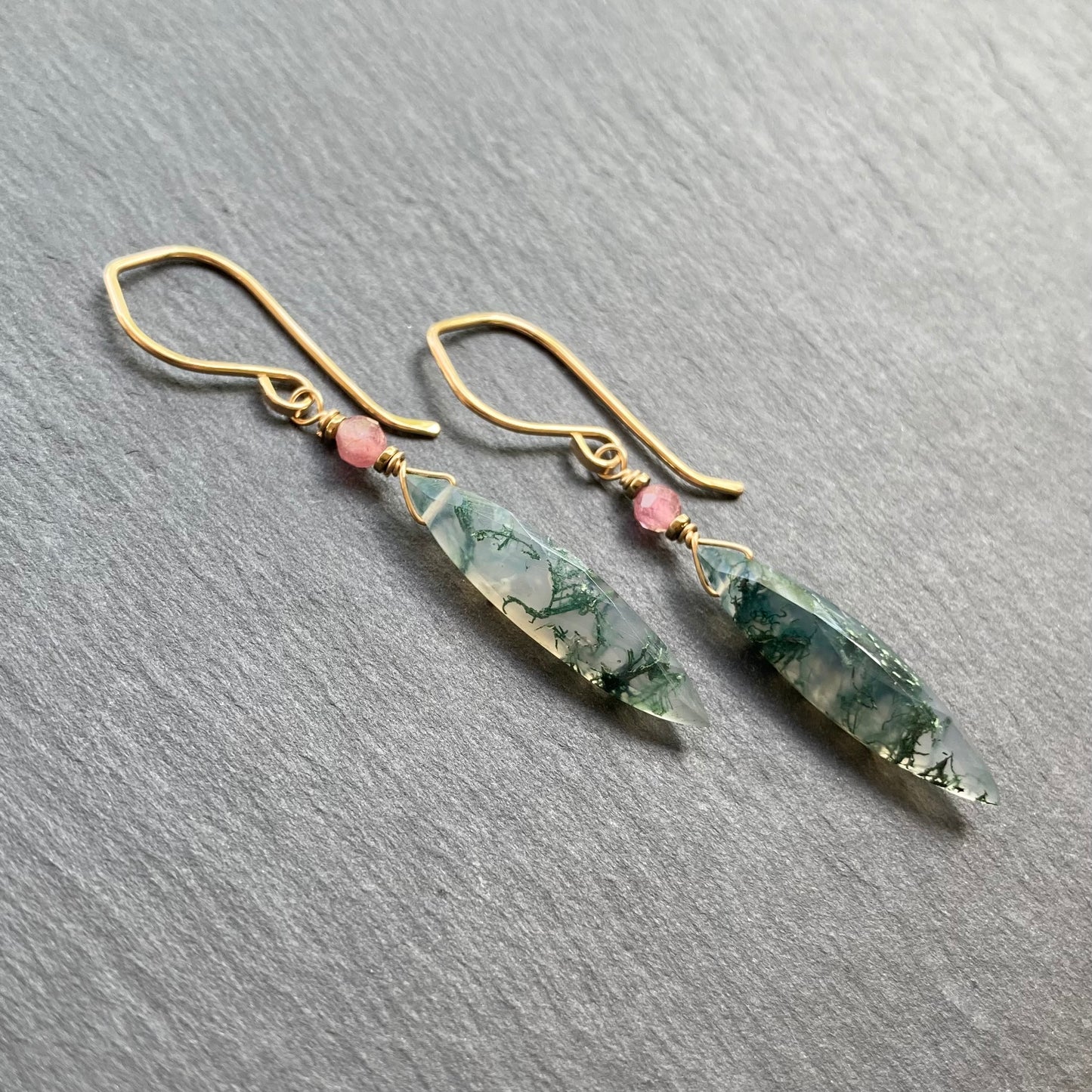Moss Agate & Gold Marquis Earrings