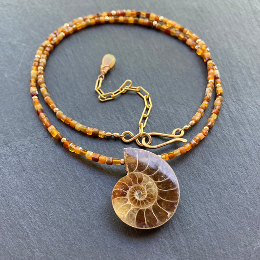 Australian Fire Opal & Gold Ammonite Pendant Choker