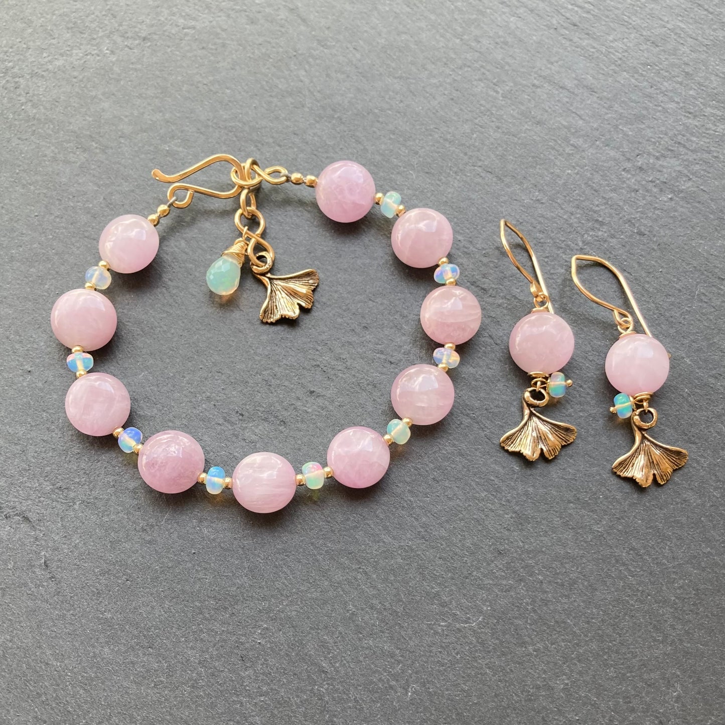 Kunzite, Gold & Bronze Ginkgo Leaf Earrings