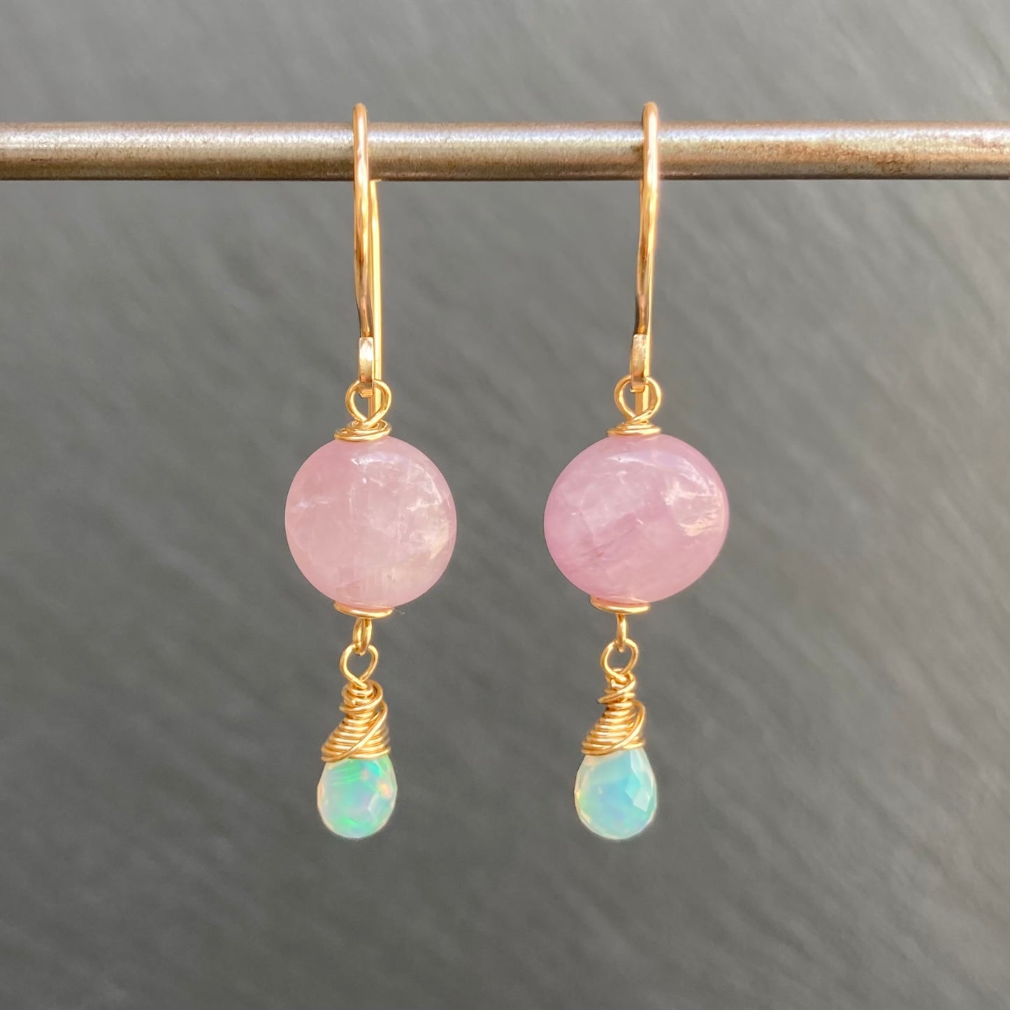 Kunzite, Ethiopian Opal & Gold Earrings
