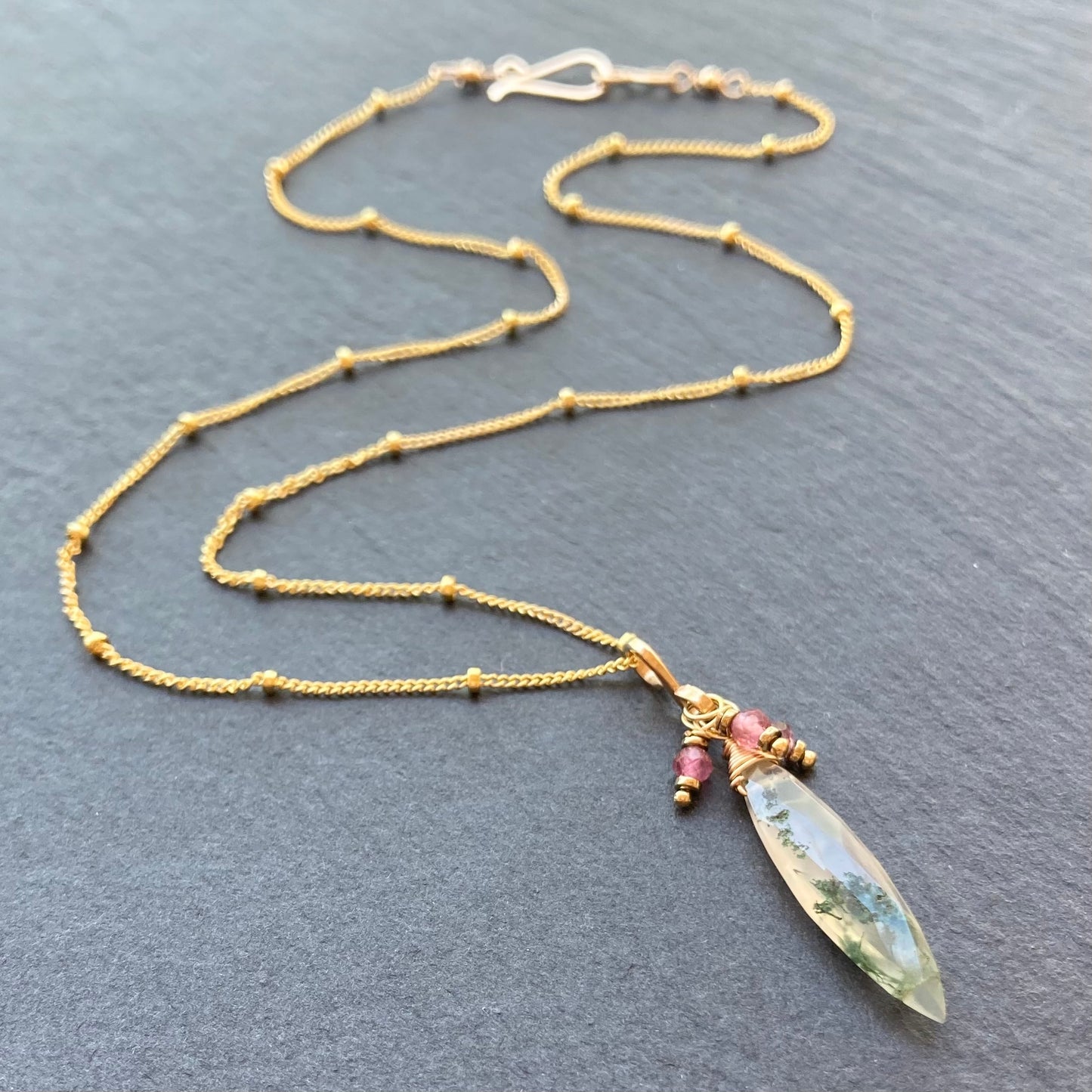 Moss Agate, Pink Tourmaline & Gold Marquis Pendant Necklace