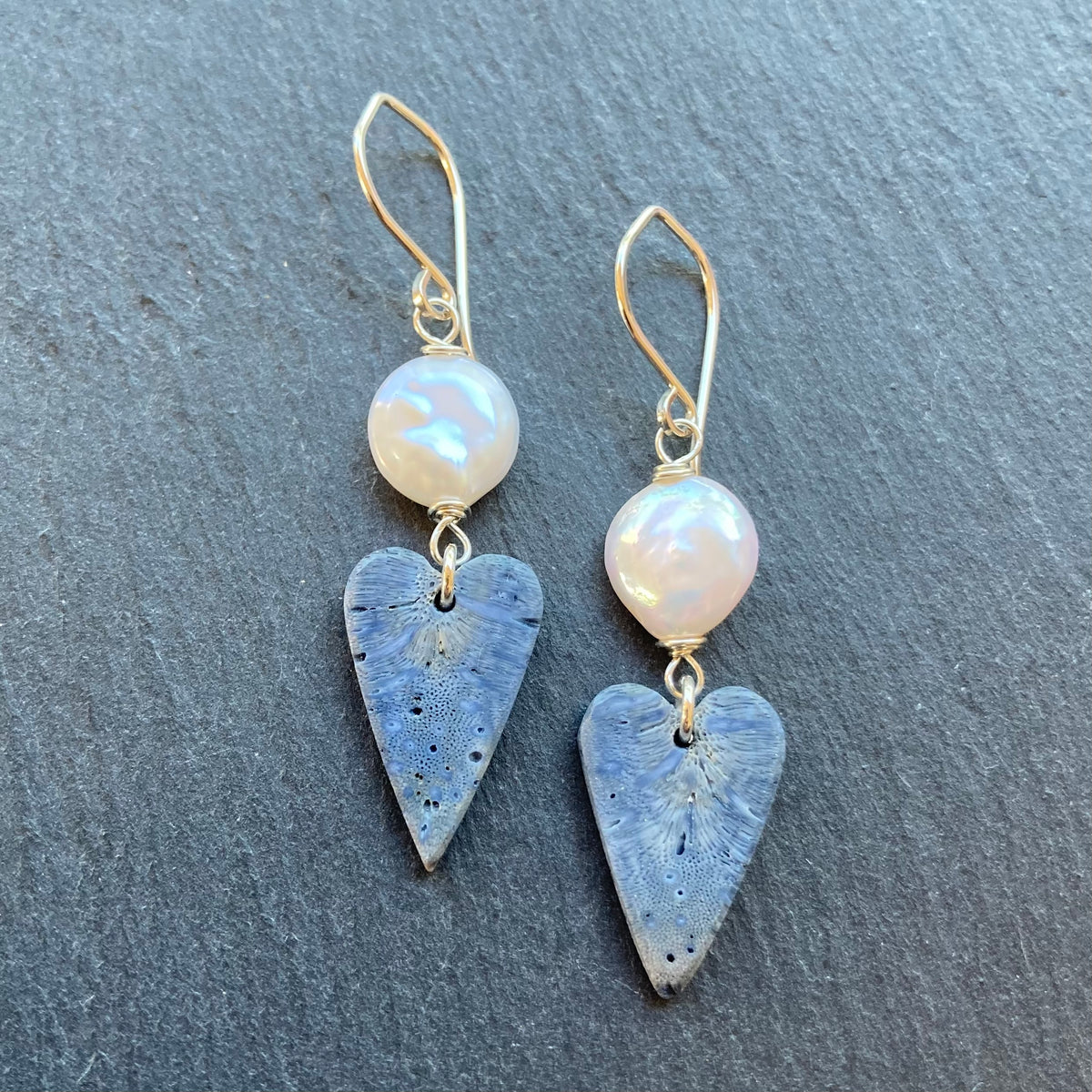 Freshwater Pearl, Sterling Silver & Blue Sponge Coral Heart Earrings