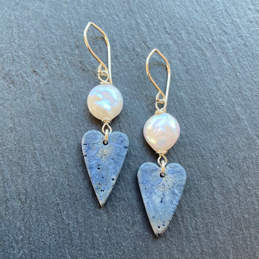 Freshwater Pearl, Sterling Silver & Blue Sponge Coral Heart Earrings
