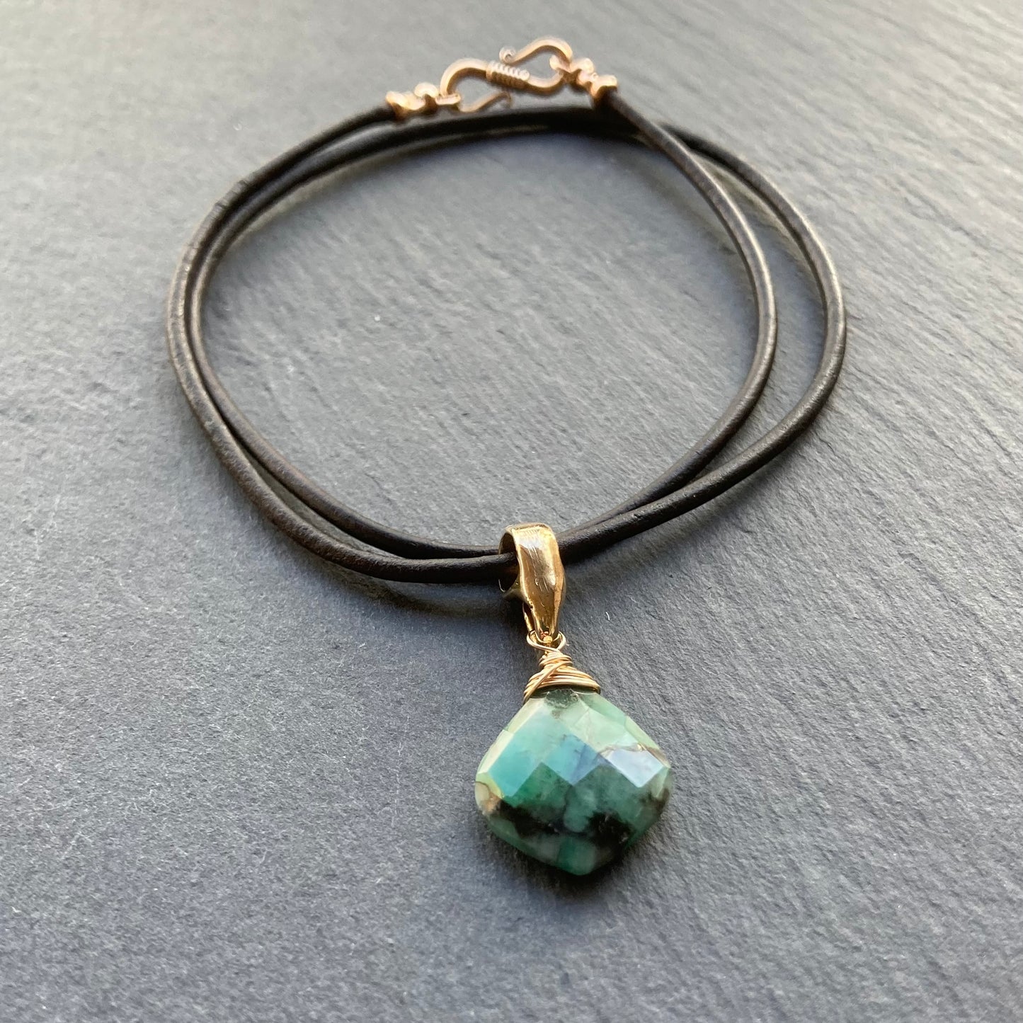 Natural Emerald & Bronze Leather Choker