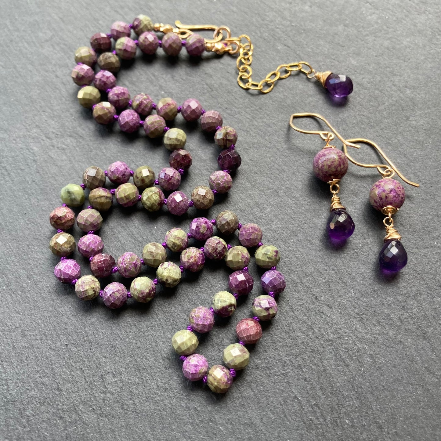 Atlantisite Stichtite, Amethyst & Gold Earrings