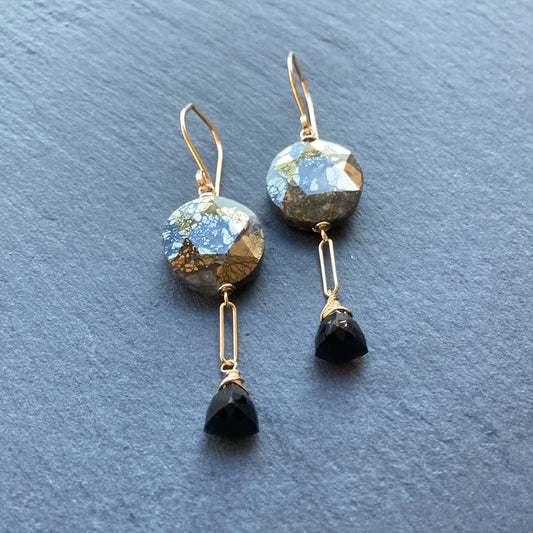 Nipomo Marcasite in Agate, Black Onyx & Gold Earrings