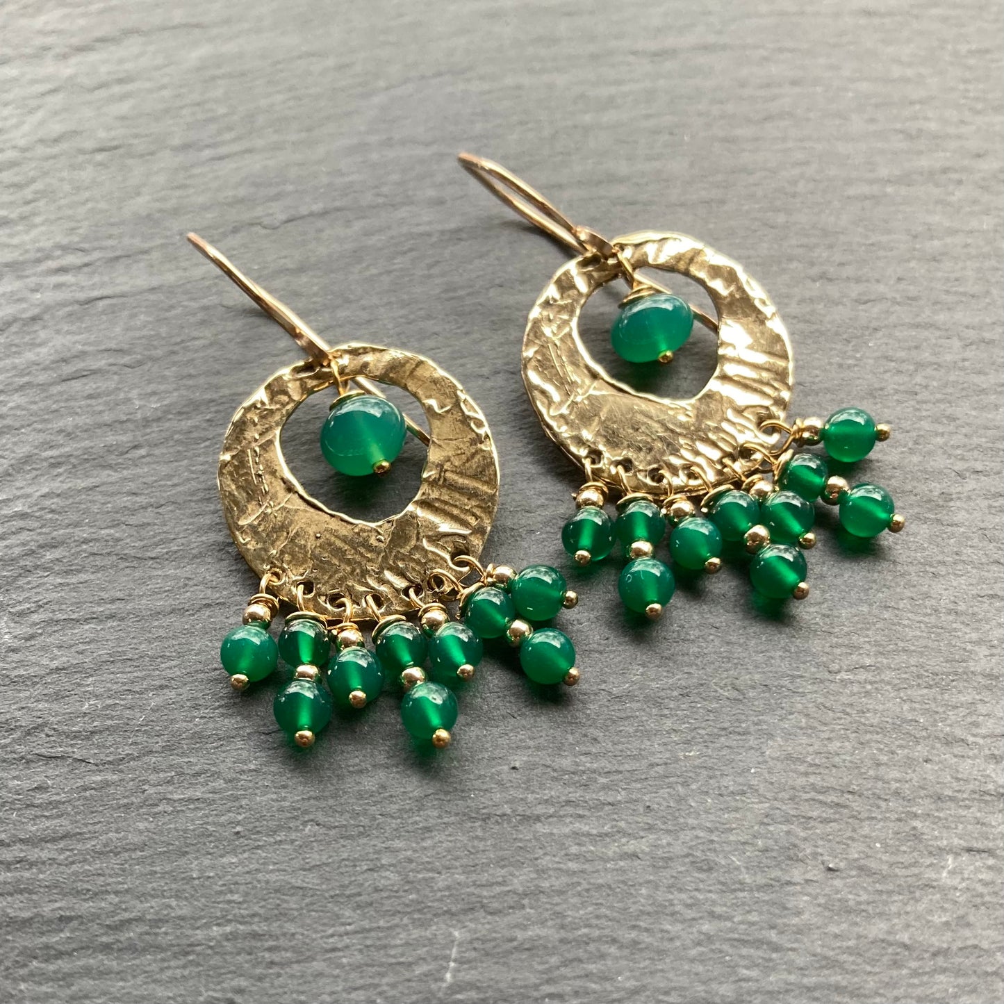 Green Onyx, Gold & Bronze Fringe Hoops
