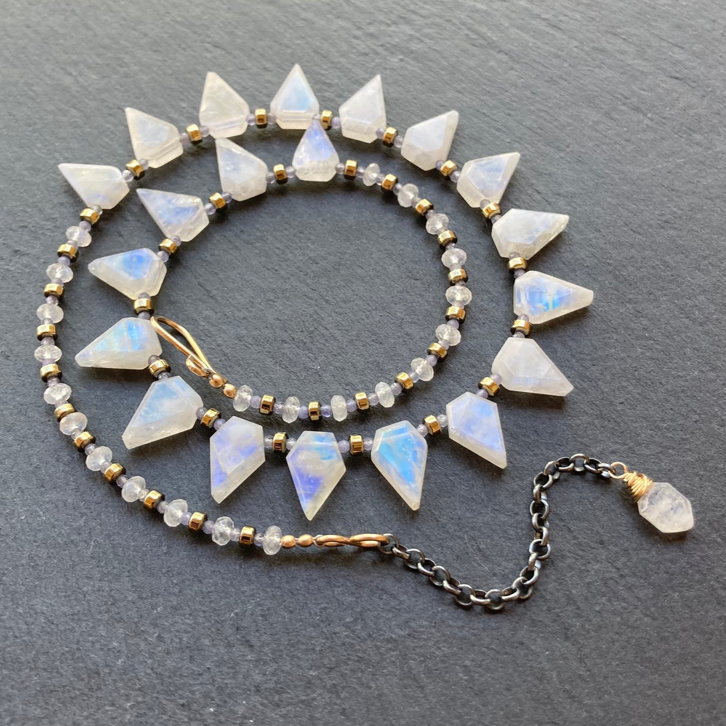 Rainbow Moonstone, Tanzanite & Mixed Metal Arrowhead Collar