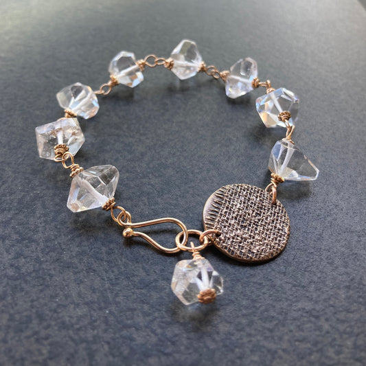 Herkimer Diamond & Bronze Vintage Linen Coin Bracelet