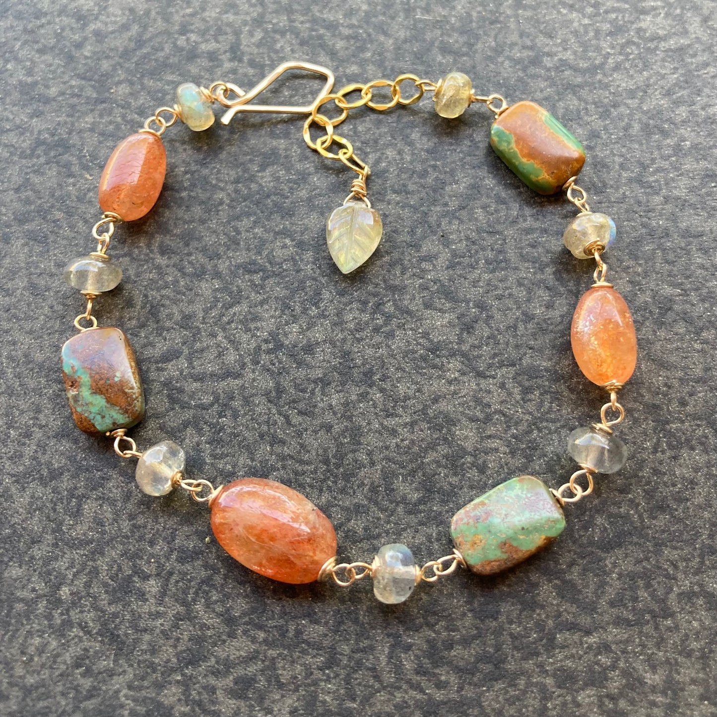 Sunstone, Green Turquoise, Labradorite & 14k Gold Bracelet