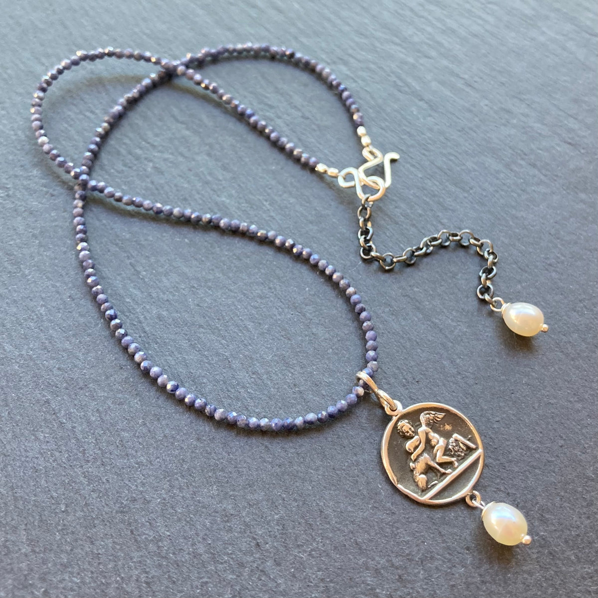 Sapphire, Freshwater Pearl & Sterling Silver Vintage Pendant Necklace
