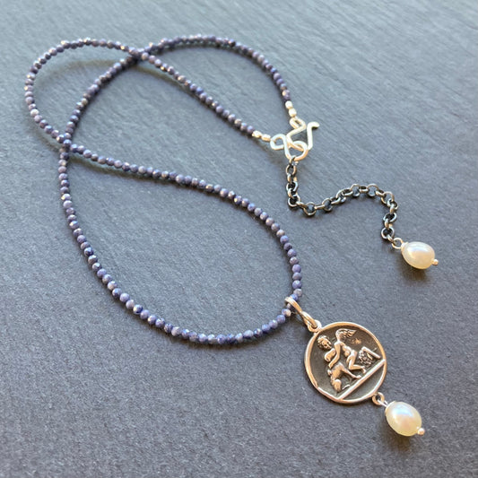 Sapphire, Freshwater Pearl & Sterling Silver Vintage Pendant Necklace