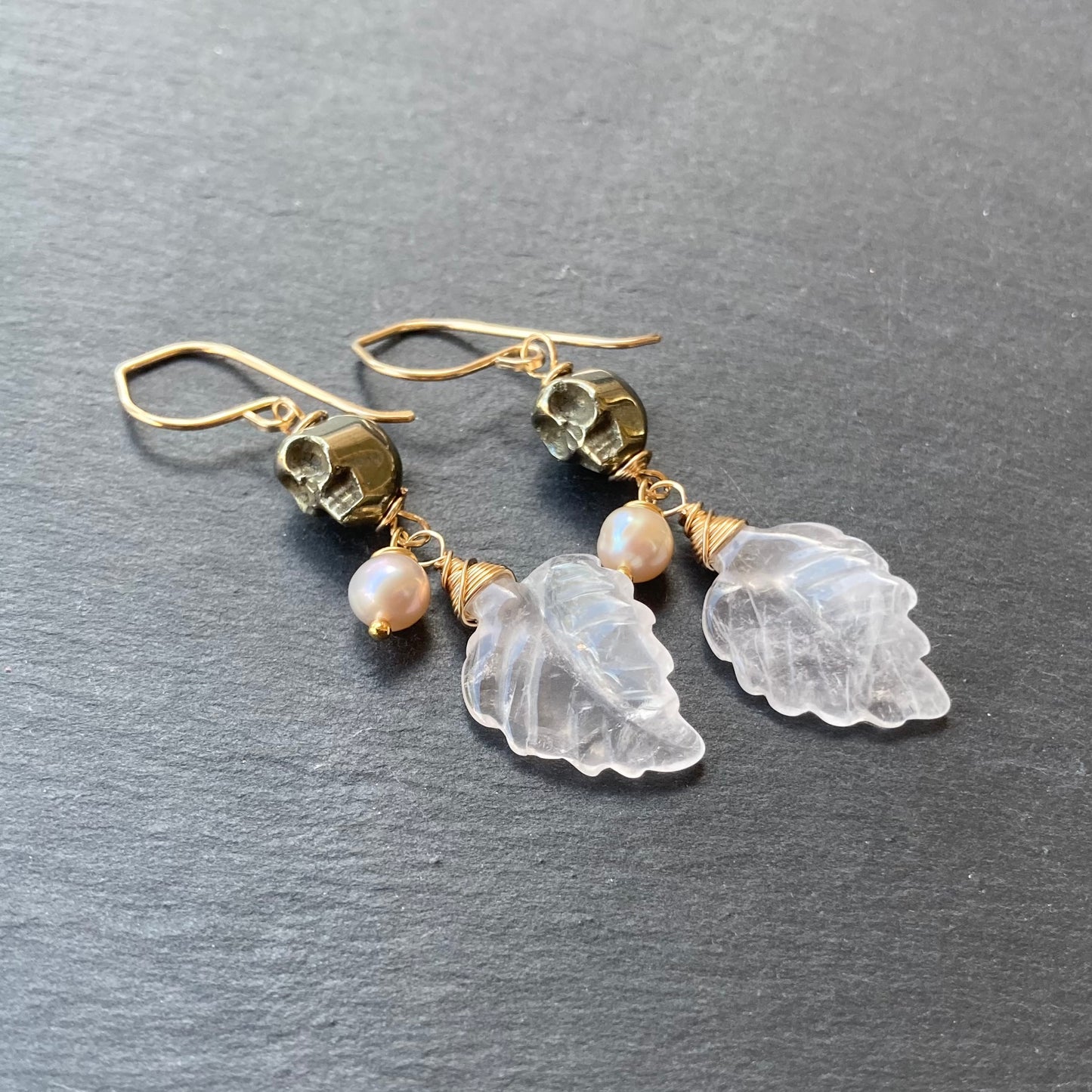 Rose Quartz, Pyrite & Gold Calavera Earrings