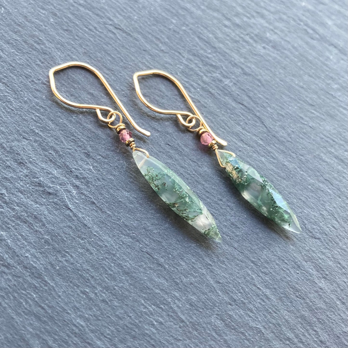 Moss Agate & Gold Marquis Earrings