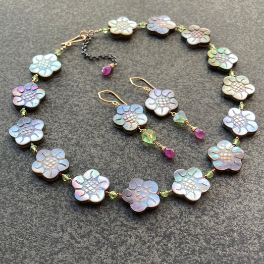 Black Mother of Pearl, Peridot, Ruby & Mixed Metal Cherry Blossom Collar