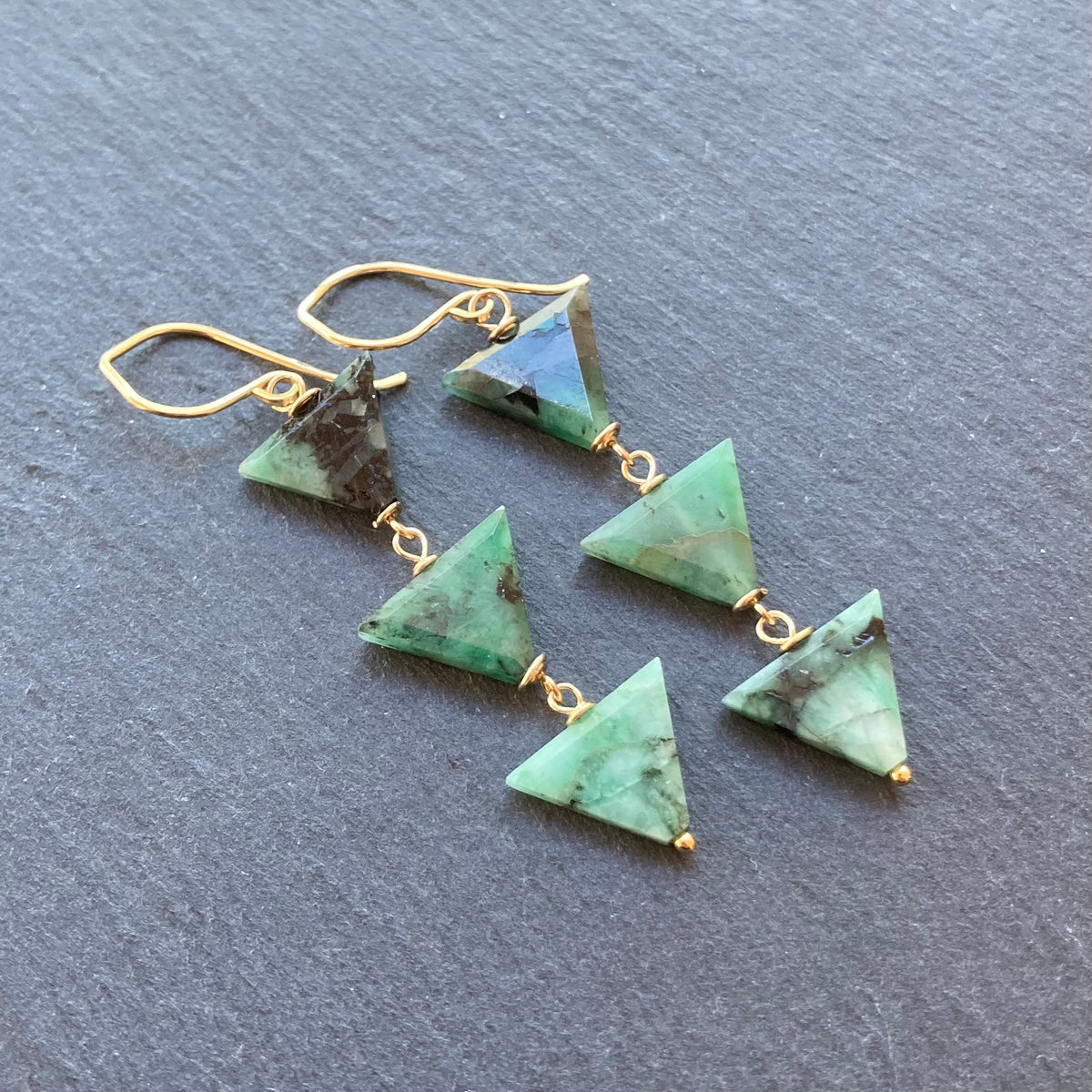 Natural Emerald & Gold Long Drop Earrings