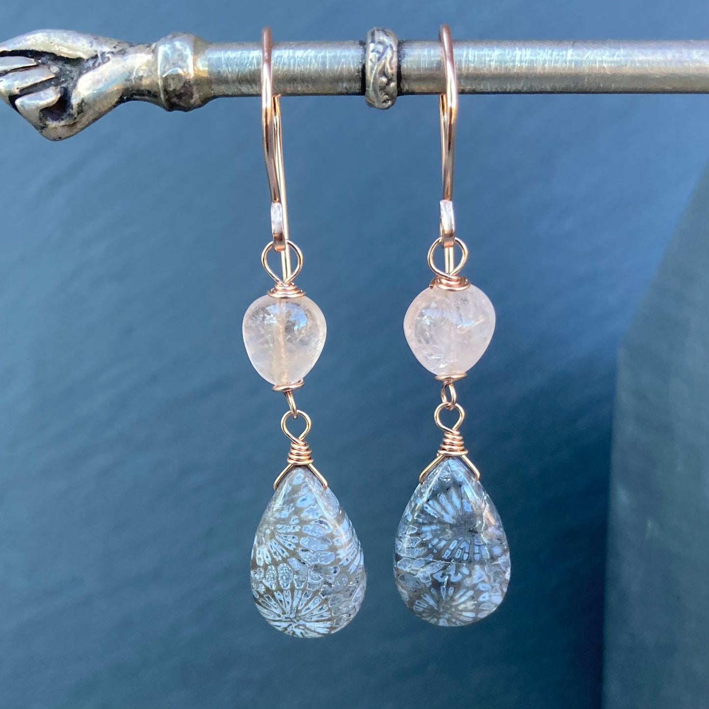 Fossil Coral, Morganite & Rose Gold Earrings