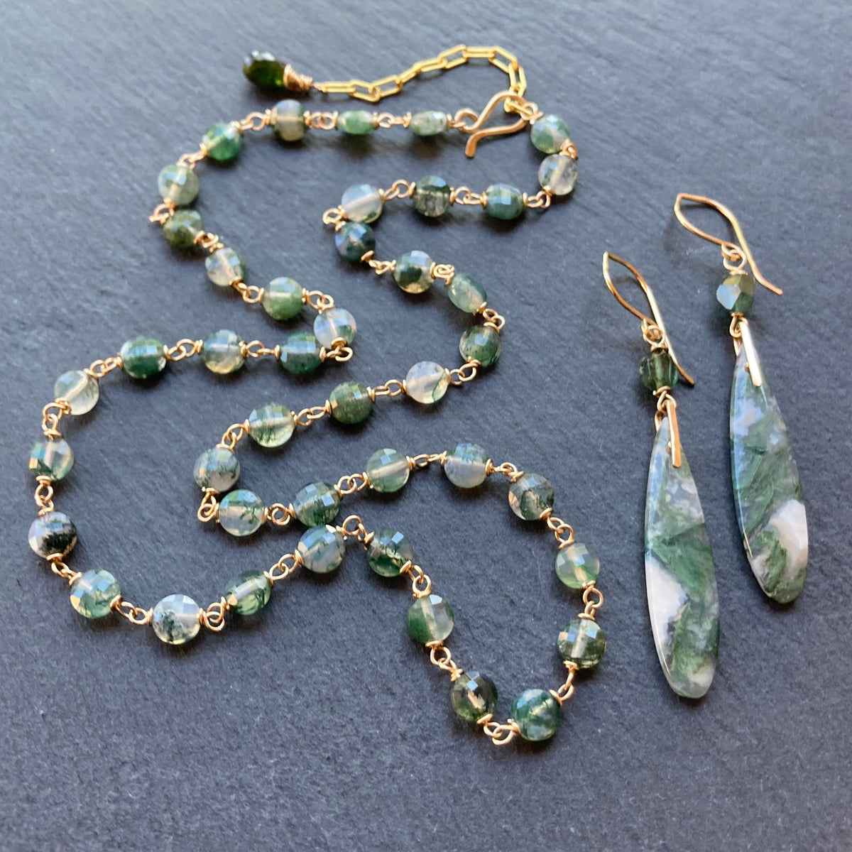 Moss Agate, Paraiba Blue Tourmaline & Gold Long Drop Earrings