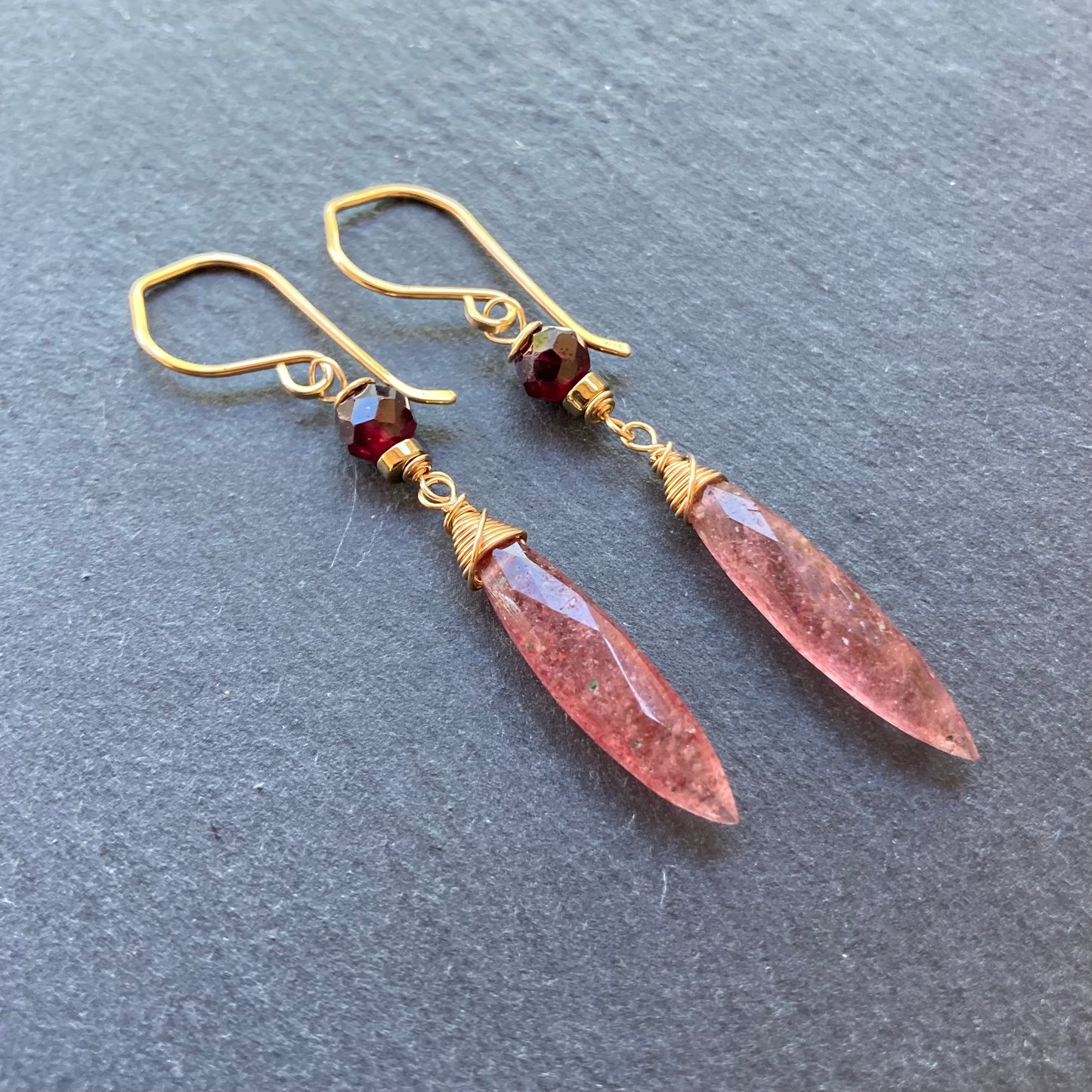 Strawberry Quartz, Rhodolite Garnet & Gold Earrings