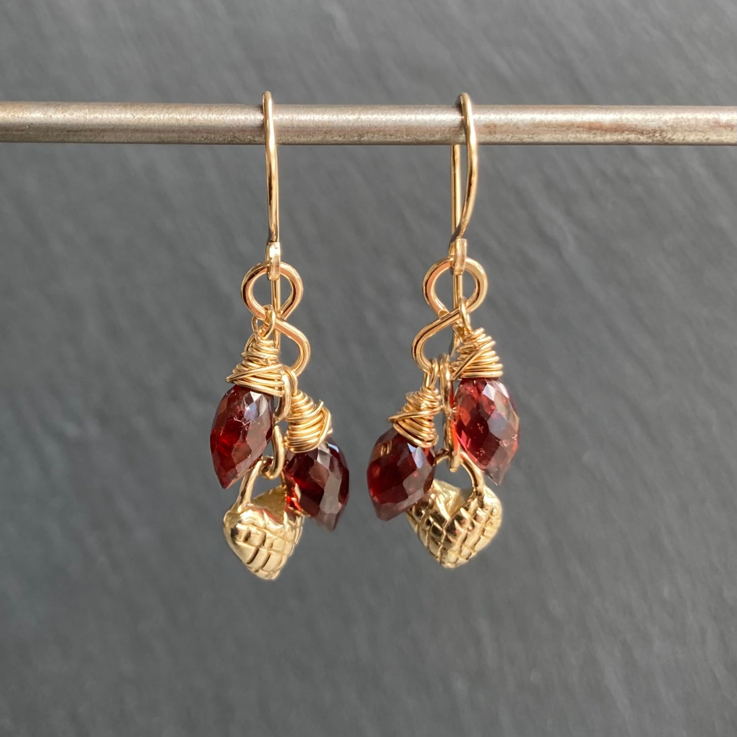 Mozambique Garnet, Gold & Bronze Heart Cascade Earrings