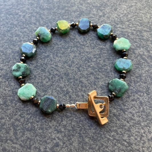 Natural Emerald, Black Spinel, Pyrite & Bronze Toggle Bracelet