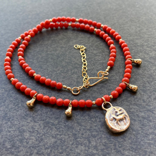 Natural Coral, Gold & Bronze Ancient Coin Charm Choker