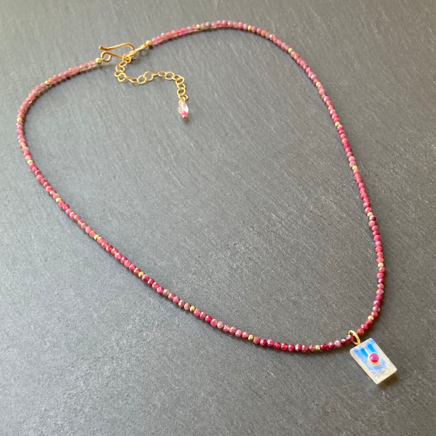 Rubelite Tourmaline & Rainbow Moonstone Pendant Necklace