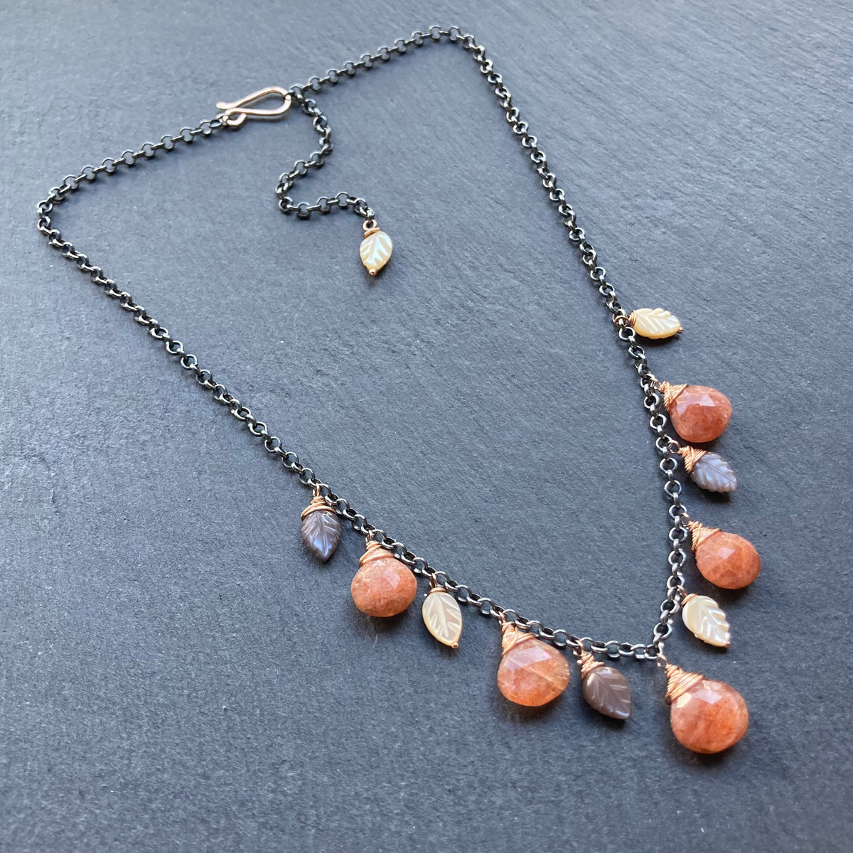 Sunstone, Chocolate Moonstone, Mother of Pearl & Mixed Metal Charm Choker