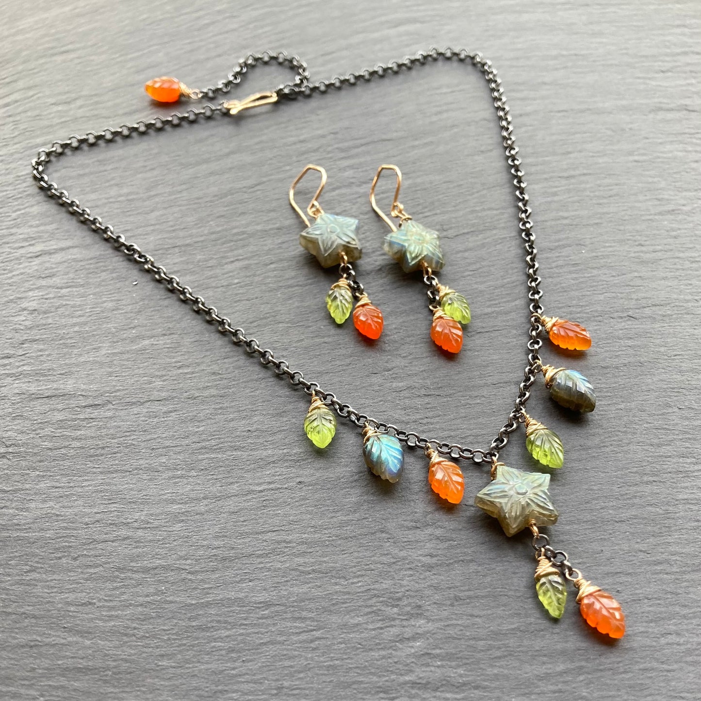 Labradorite & Mixed Metal Star Flower Earrings