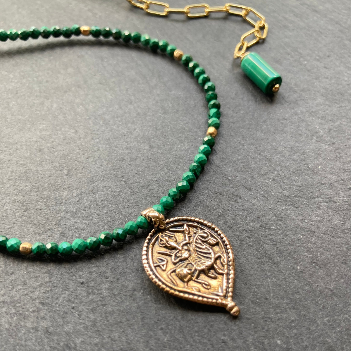 Malachite, Gold & Bronze Medieval Warrior Pendant Necklace