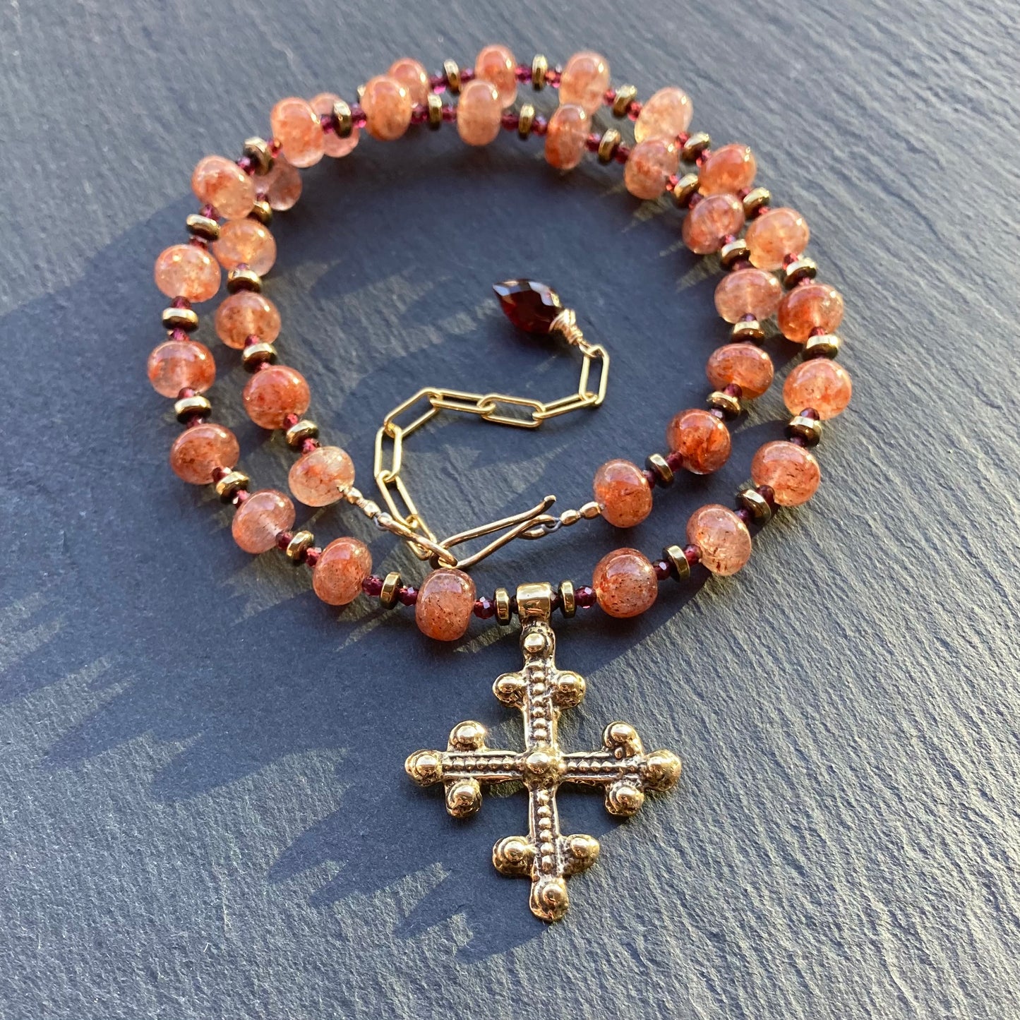 Strawberry Quartz, Garnet & Bronze Coptic Cross Necklace