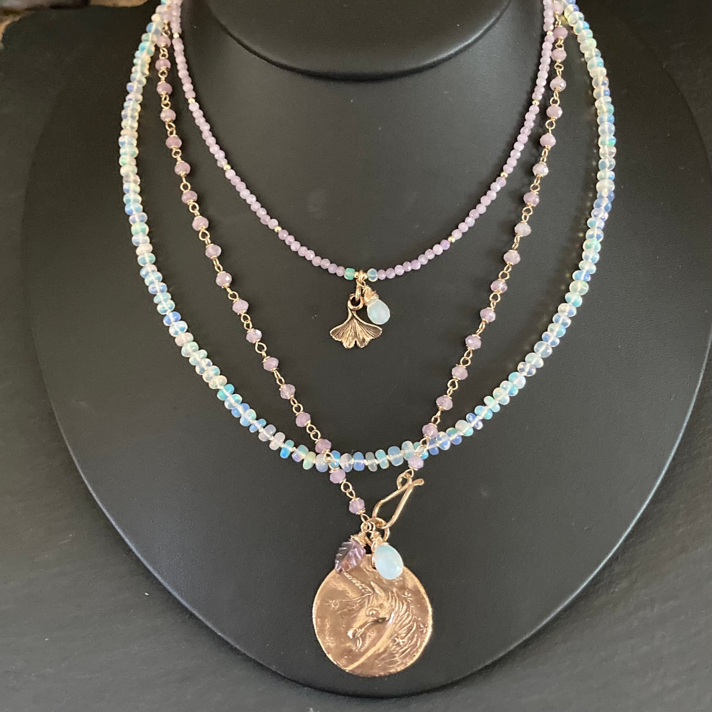 Kunzite, Gold & Bronze Unicorn Coin Necklace