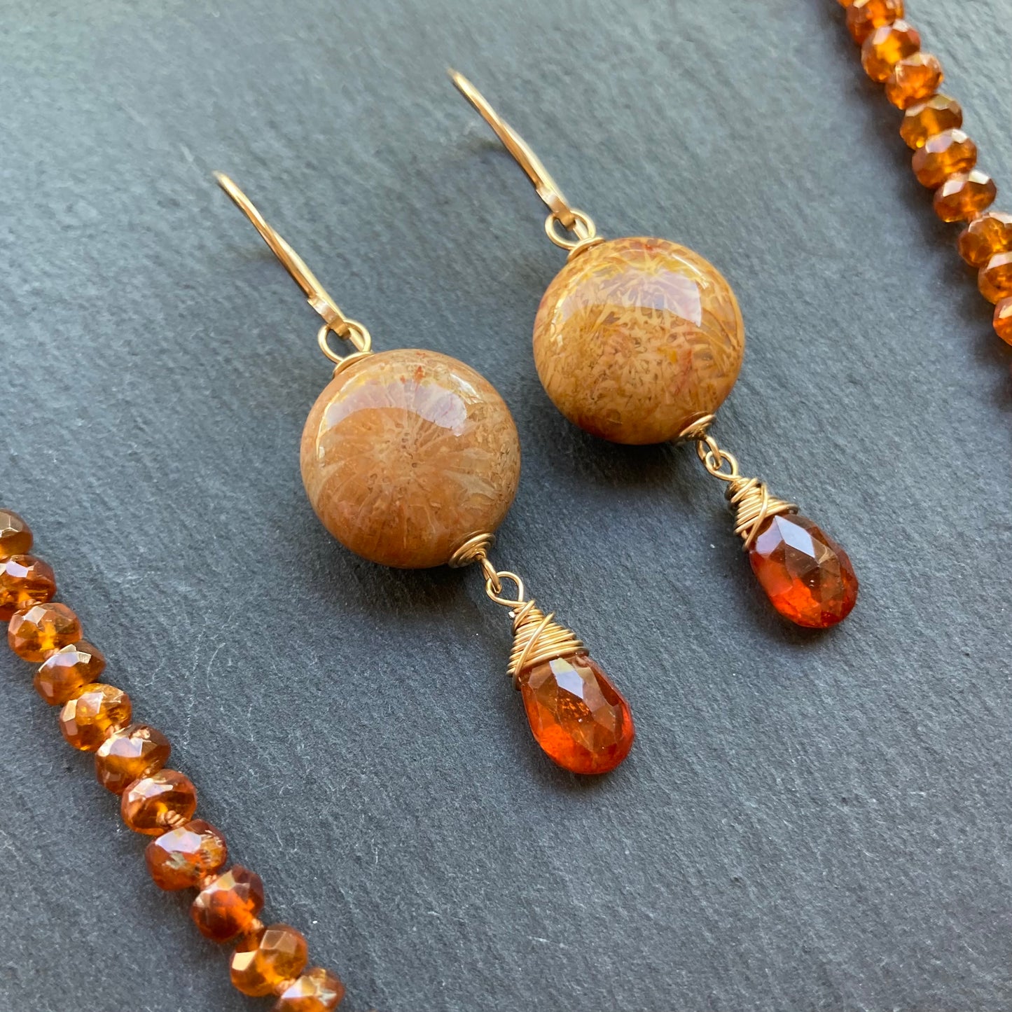 Fossil Coral, Hessonite Garnet & Gold Earrings