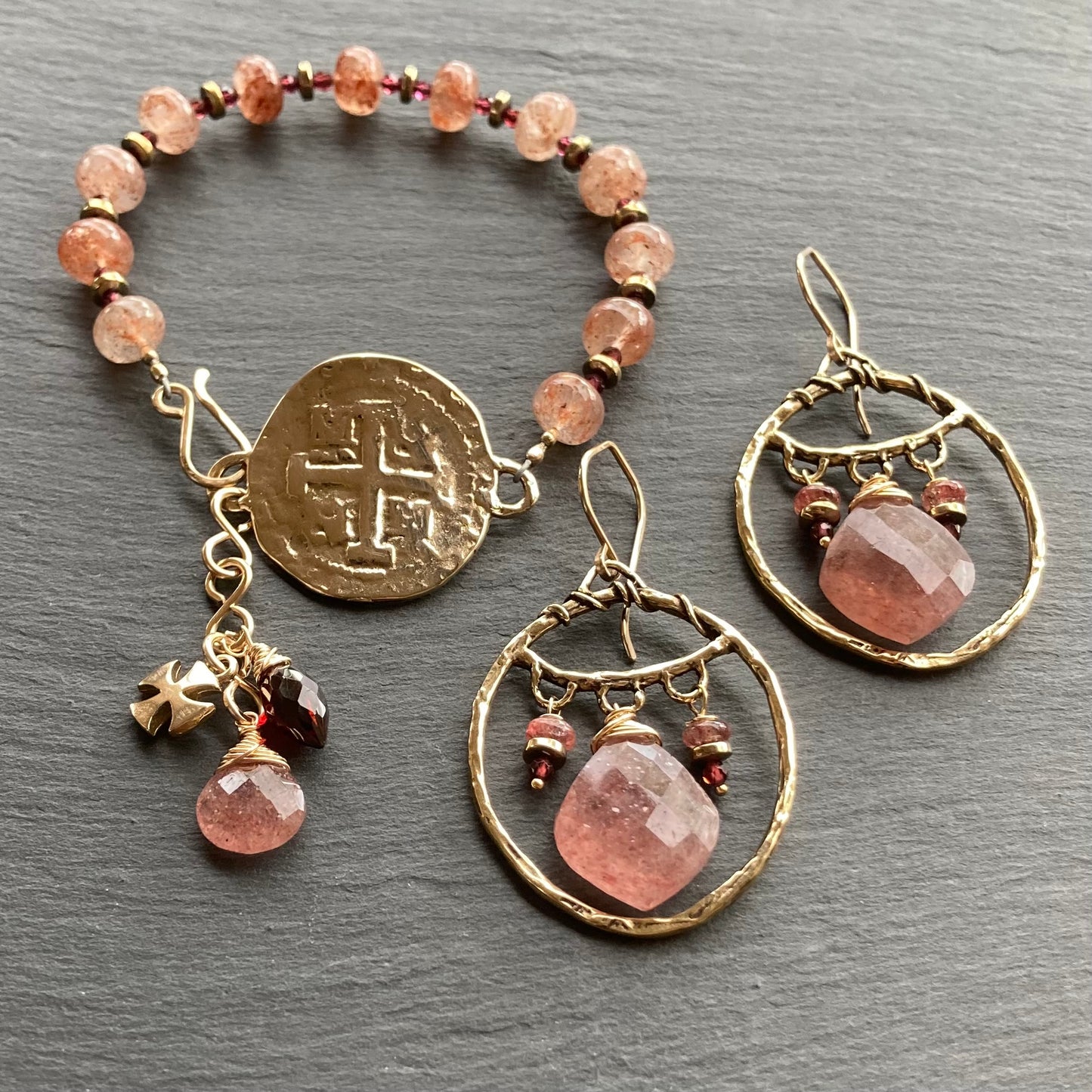 Strawberry Quartz & Bronze Spanish Coin Bracelet