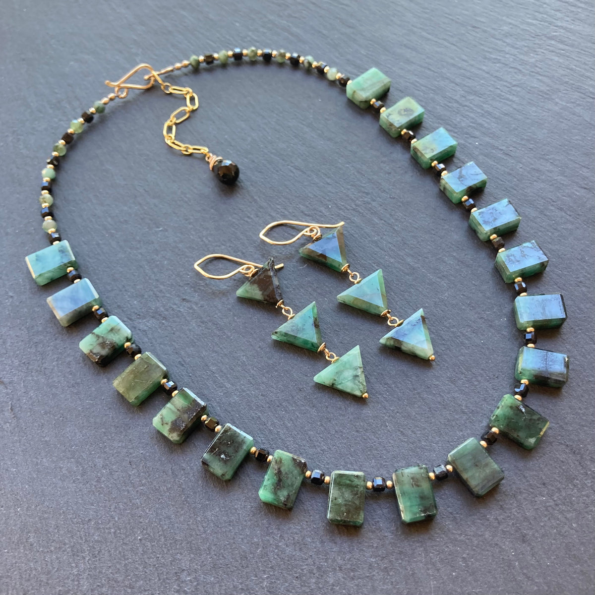 Natural Emerald, Black Tourmaline & Gold Collar