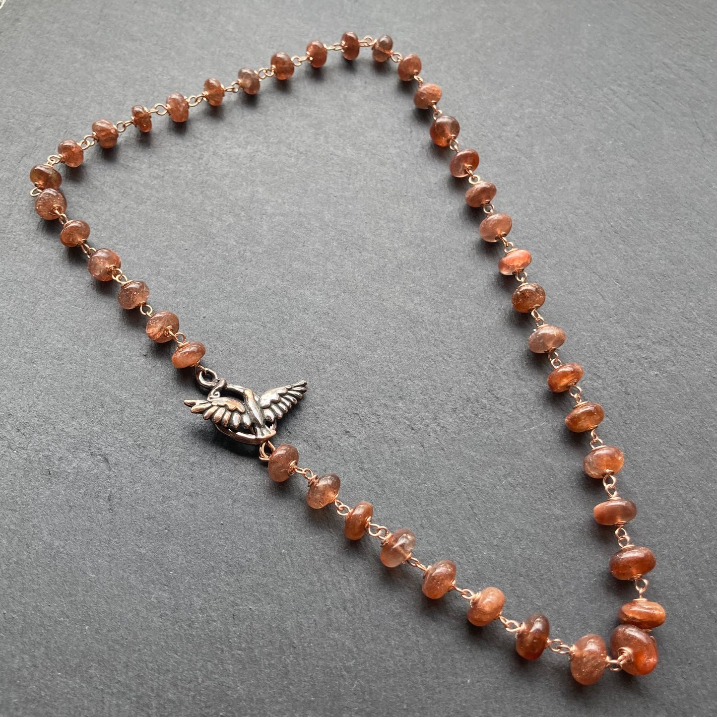 Sunstone, Rose Gold & Shibuichi Bird Toggle Necklace