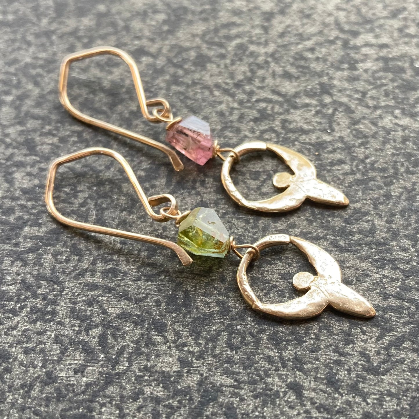 Watermelon Tourmaline, Gold & Bronze Goddess Earrings