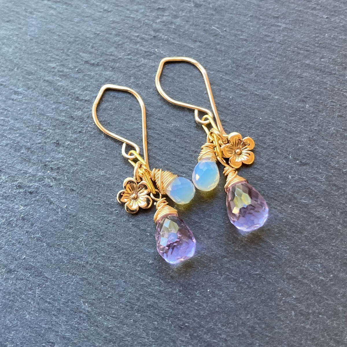 Pink Amethyst, Ethiopian Opal & Gold Cherry Blossom Earrings