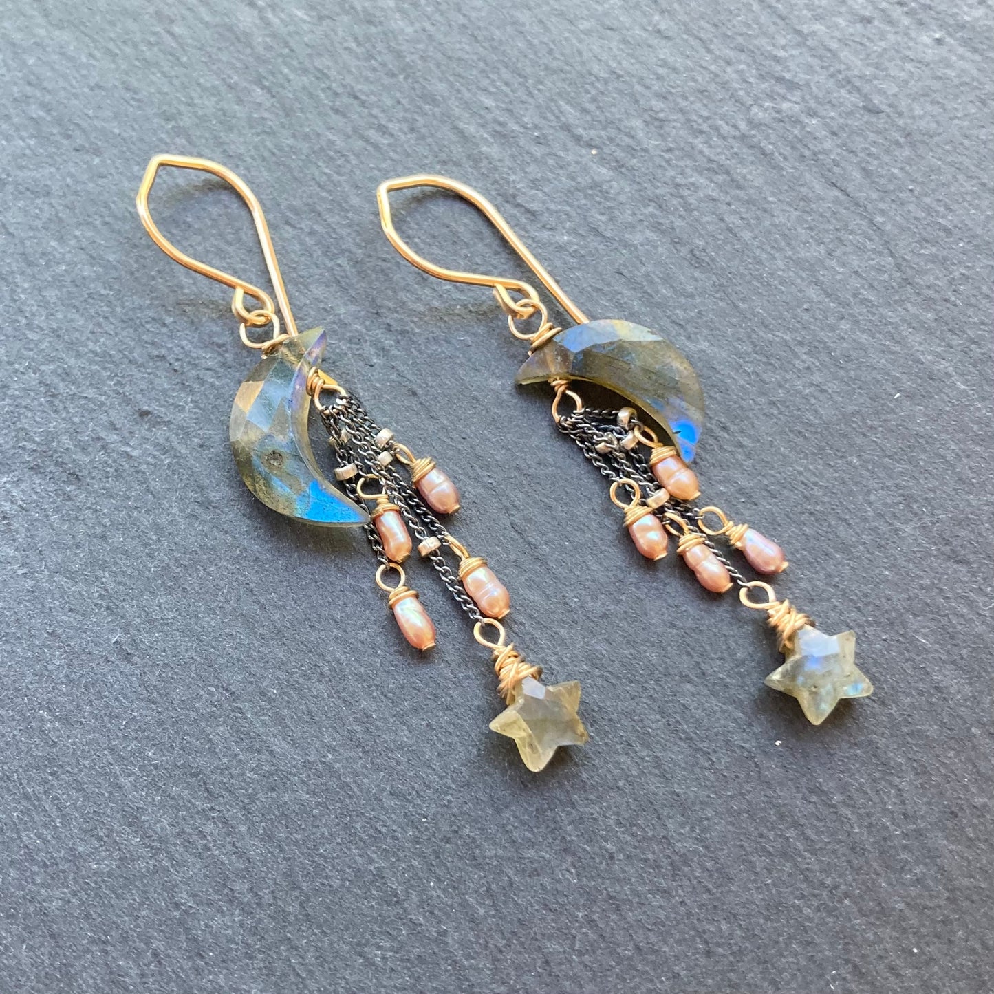 Labradorite, Mauve Pearl & Mixed Metal Falling Star Earrings