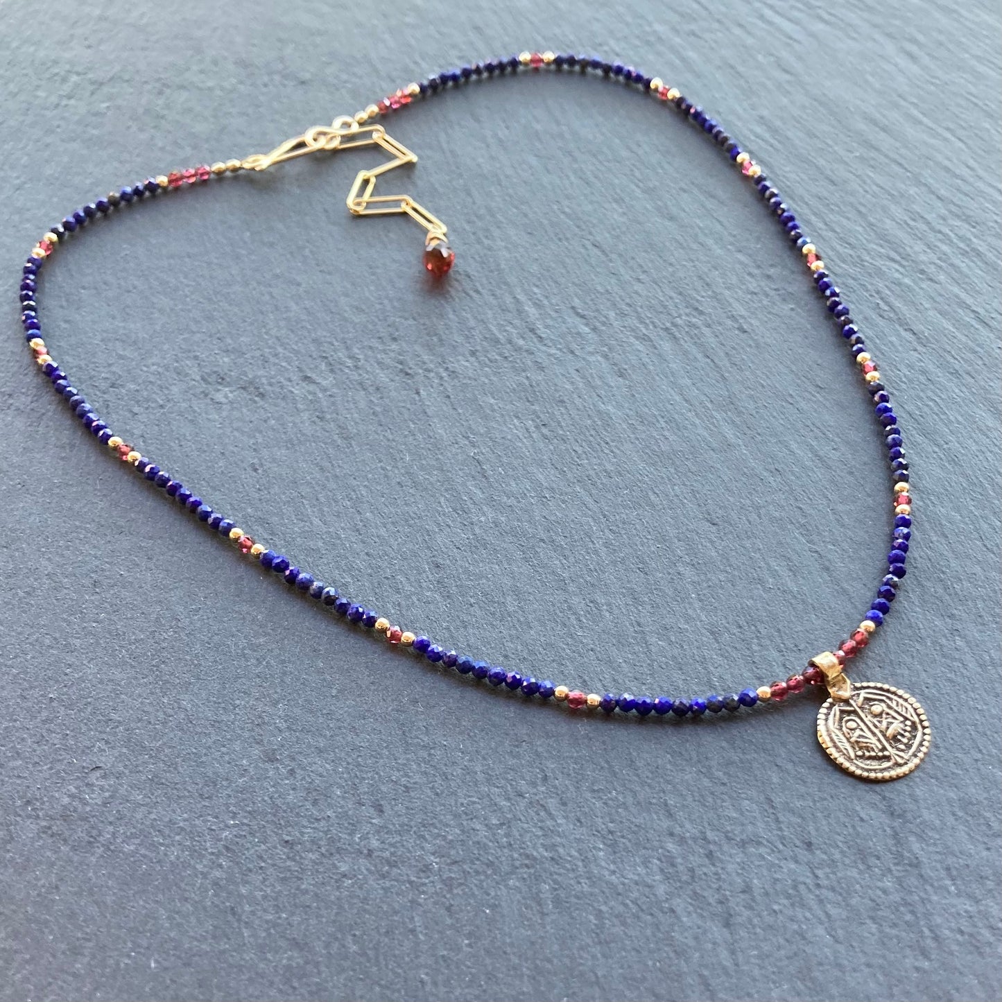 Lapis, Mozambique Garnet, Gold & Bronze Buddha Feet Pendant Choker