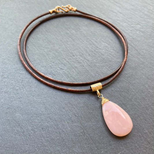 Pink Peruvian Opal & Bronze Leather Choker