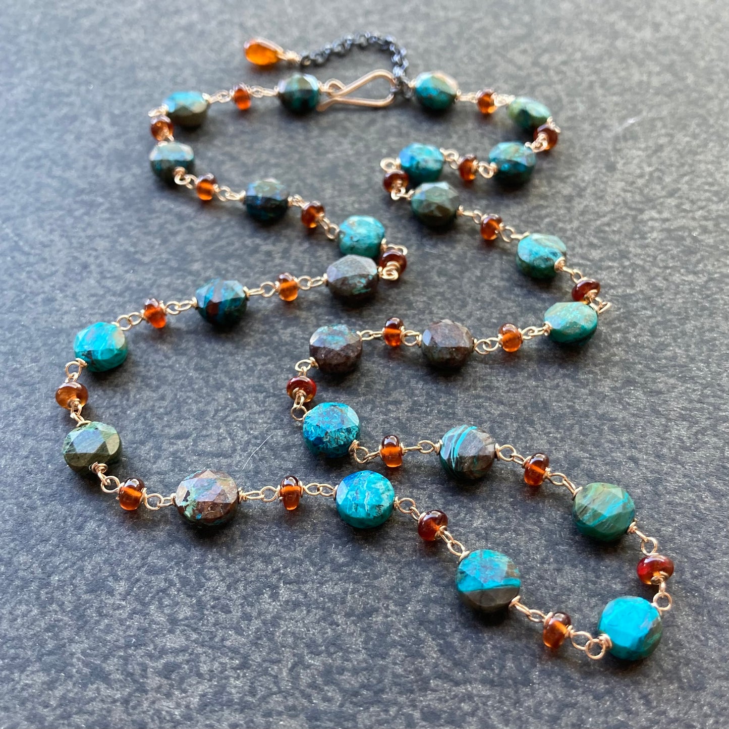 Natural Chrysocolla, Hessonite & Gold Necklace