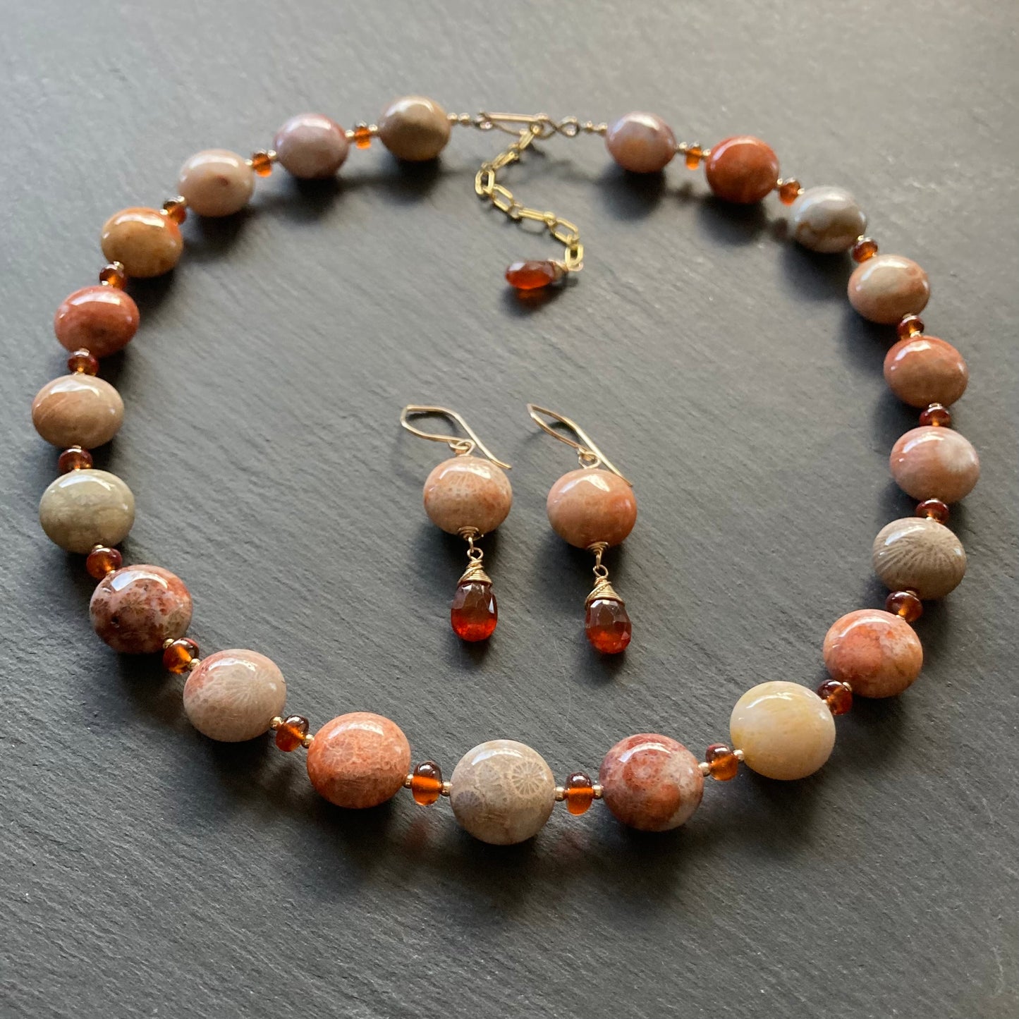 Fossil Coral, Hessonite Garnet & Gold Collar