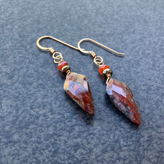 Crazy Lace Agate & 14k Gold Arrowhead Earrings