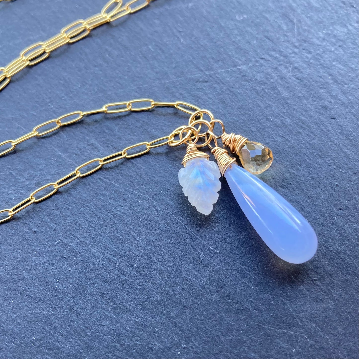 Blue Lace Agate, Rainbow Moonstone, Citrine & Gold Charm Necklace
